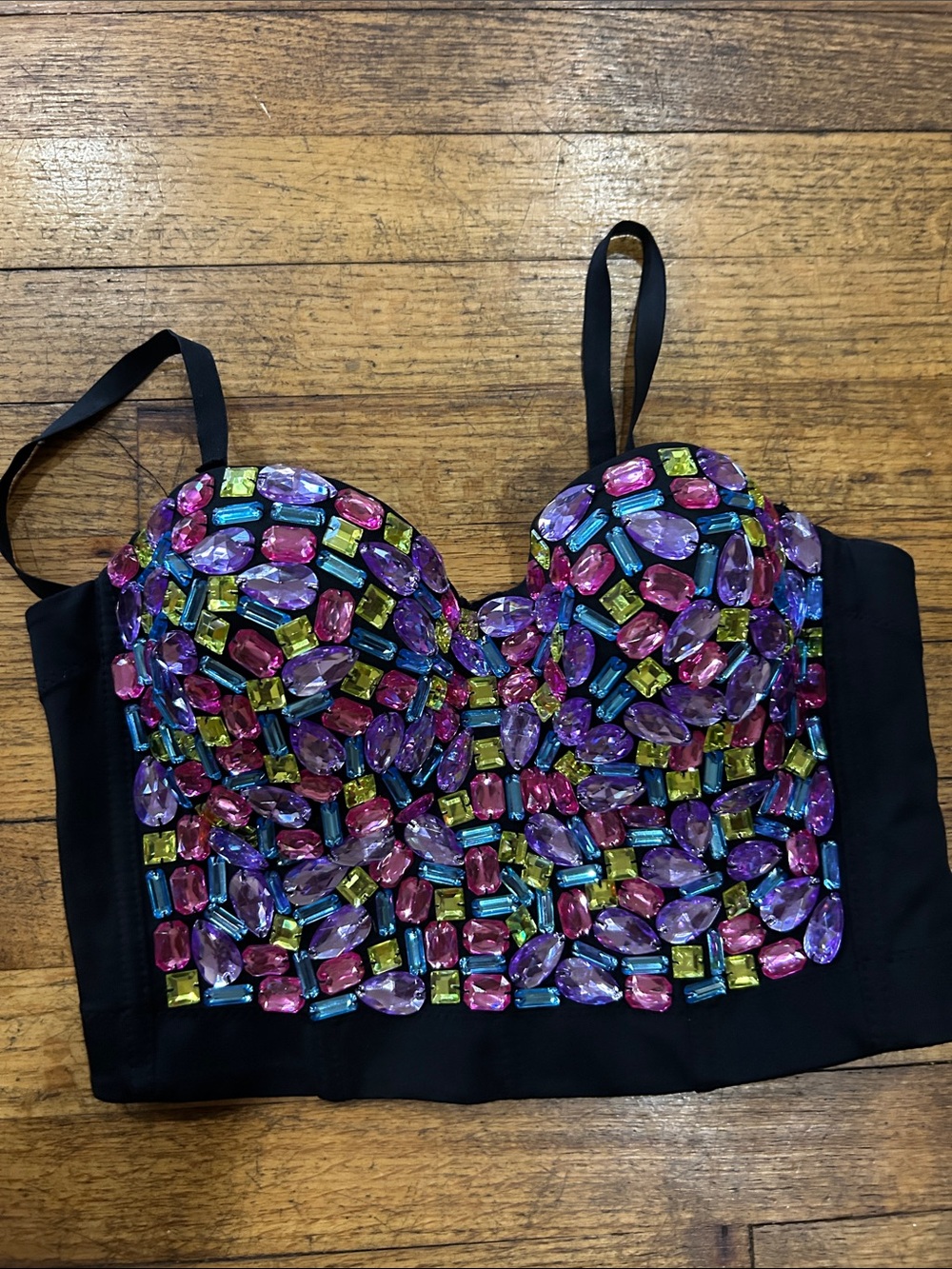 AKIRA Black Bustier Crop Top with Multicolor Gem Embellishments